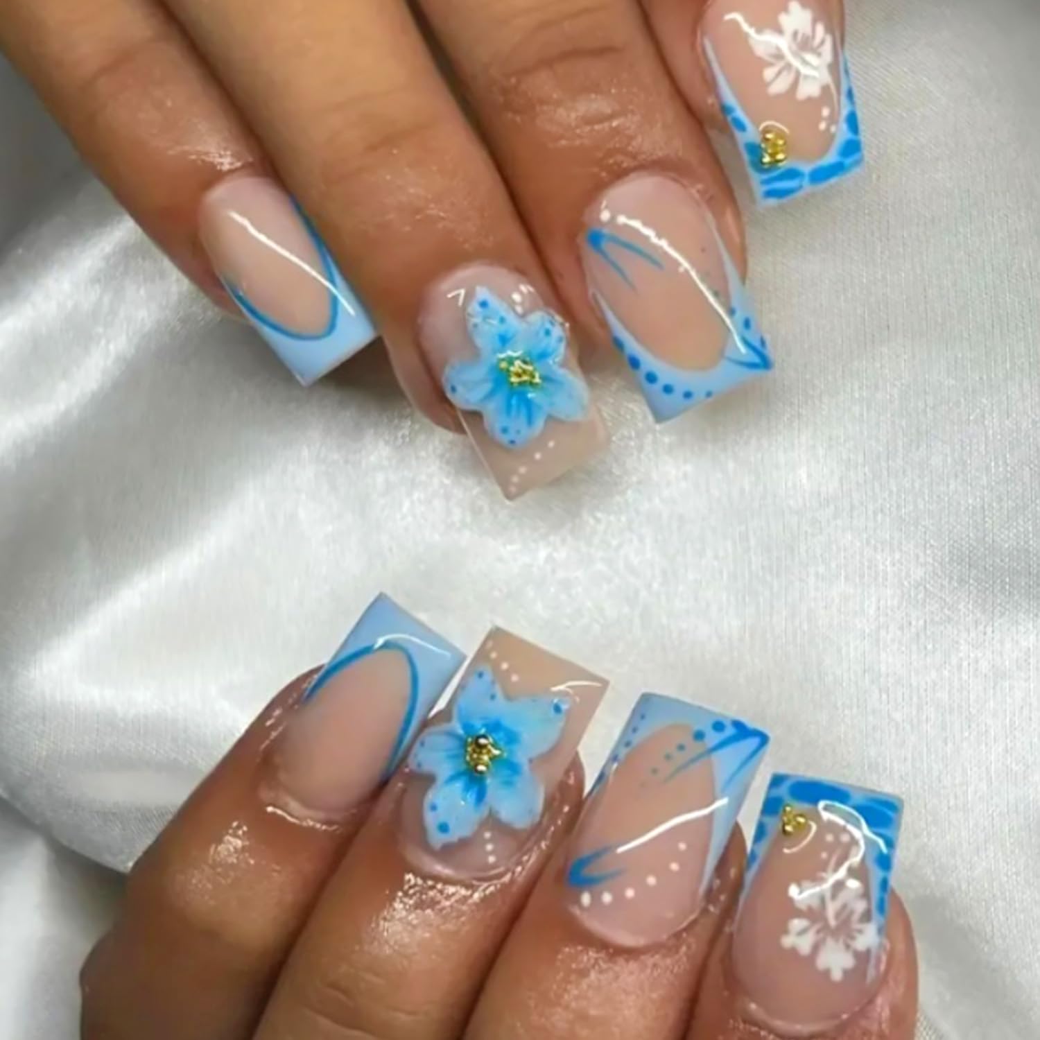 Photo 1 of 24Pcs Blue Flower Press on Nails Short Square French Tip Fake Nails with Gold Rhinestones Flower Core Design Spring Summer False Nails Cute Stick on Nails Full Cover Artificial Glue on Nail for Women