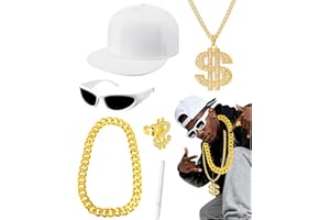 6 Pcs Hip Hop Costume Kit, 80s 90s 2000s Rapper Accessories,Chain Sunglasses Rings Hat for Cosplay, Old School Party