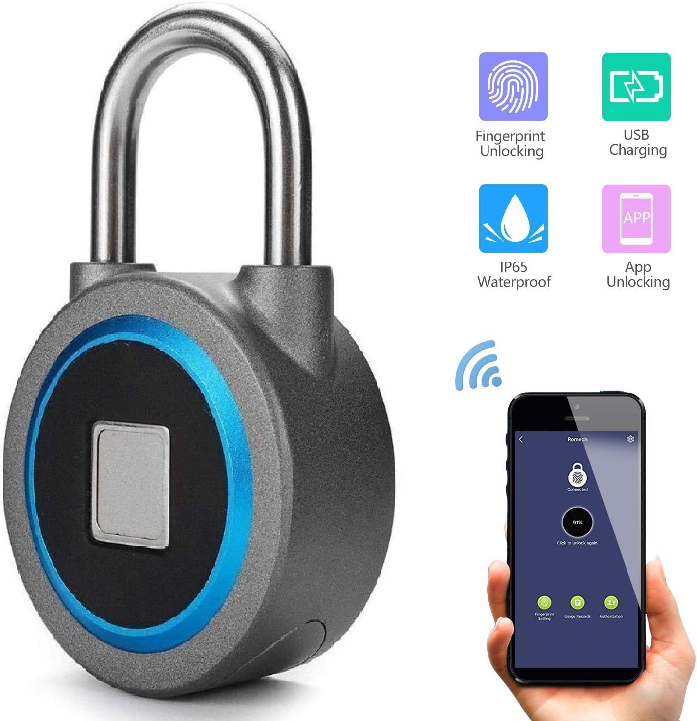 Fingerprint Padlock, Bluetooth Connection Metal Waterproof, Suitable for House Door, Suitcase, Backpack, Gym, Bike, Office, APP is Suitable for Android/iOS, Support USB Charging - - 