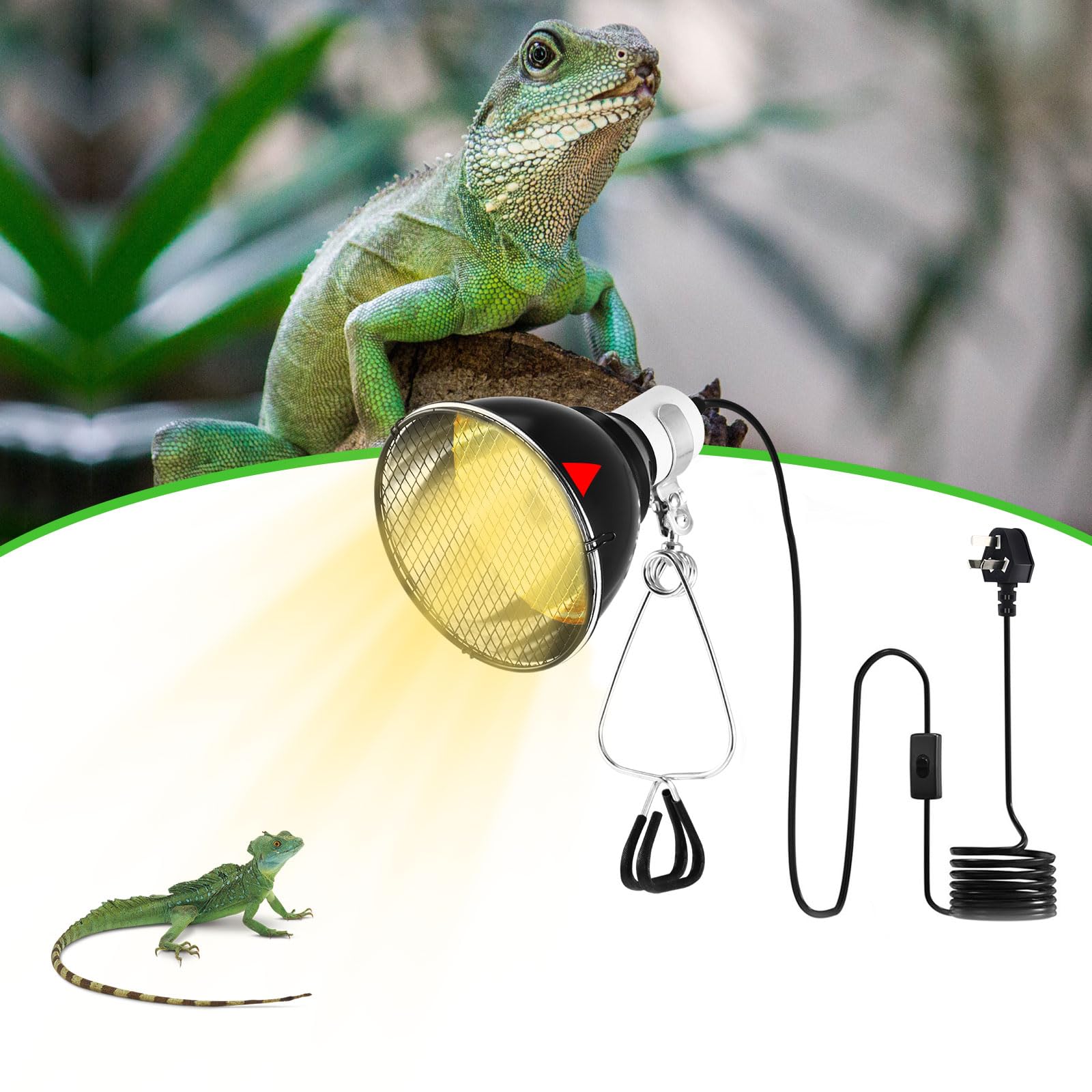 Reptile Heat Lamp Holder, 5.5 Inch 200W E27 Tortoise Heat Lamp Socket, Bulb Base Heat Bulb Holder with Clamp and Guard, Pet Reflector Dome Lamp Bracket for Turtle,Snake,Lizard,Dog,Bird,Chick (NO BULB)