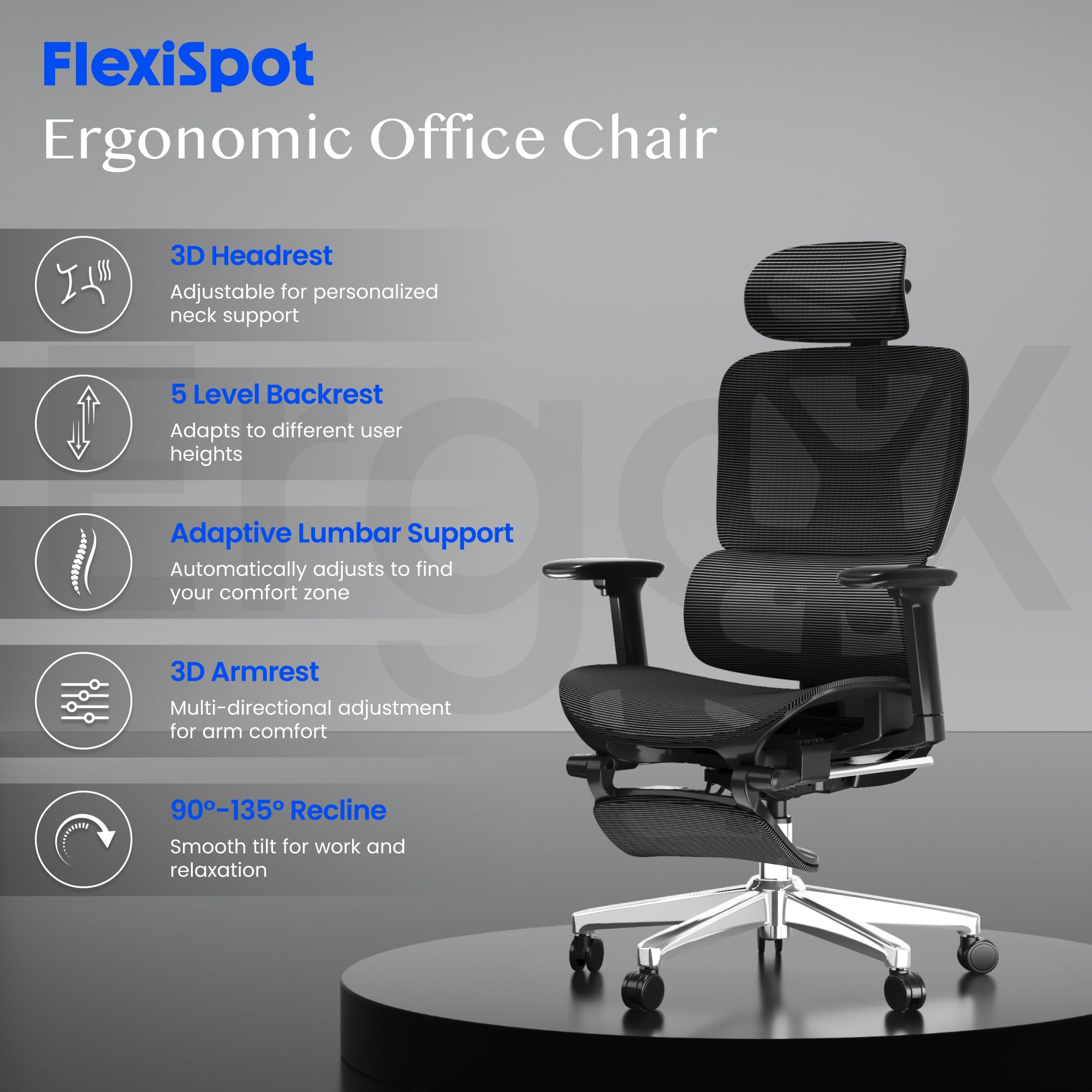 FLEXISPOT Ergonomischer Bürostuhl Schreibtischstuhl mit Fußstütze, 3D-Armlehnen, 3D-Kopfstütze, 5D-Rückenlehne, Atmungsaktiver Sitz Belastbar bis 136 kg Arbeitsstuhl, ErgoX, Schwarz 3