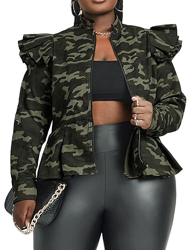 LifeShe Women's Zip up Ruffle Sleeve Peplum camo Jacket Blazers