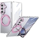 XIMAND for Samsung Galaxy Z Fold 7 Case with Magnetic Ring Holder, 360 Rotating Bracket, Built-in Front Screen Len Protector, Anti-Yellowing & Anti-Fingerprint Crystal Clear Case.(Pink)