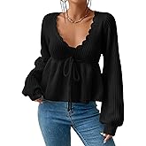 ZAFUL Women's Scallop Trim Deep V Neck Sweater Lantern Sleeve Tie Front Bow Peplum Knitwear Pullover Top