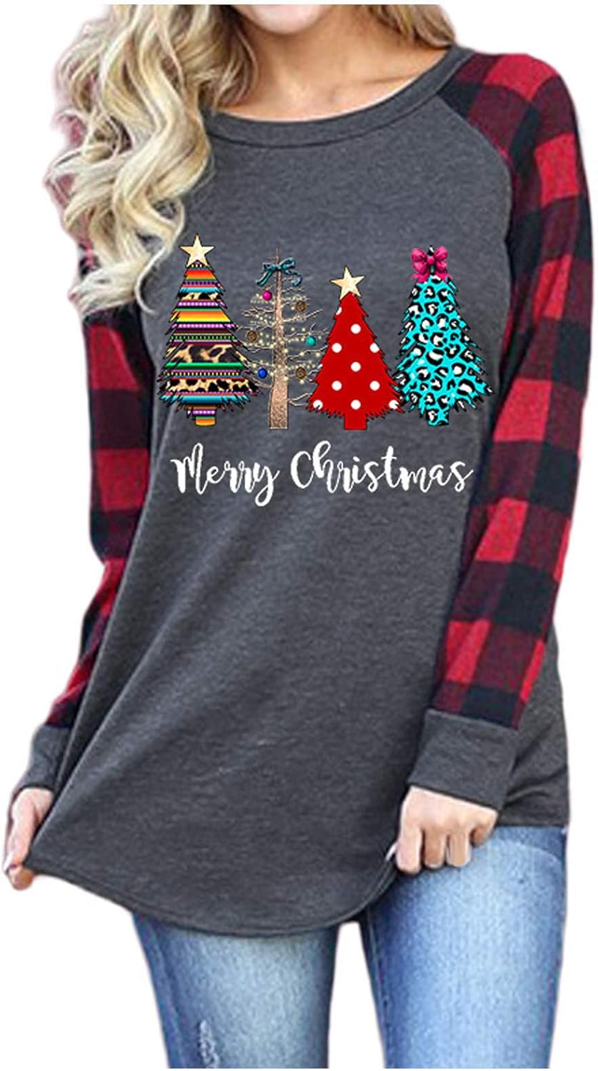 VEKDONE Women Christmas Tee Shirts Plaid Stripe Splicing Long Sleeve Santa Claus Snowflake Xmas Tunic Tops T Shirts: Clothing