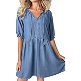 Dokotoo Denim Dress for Women Short Puff Sleeve V Neck Solid Babydoll Jean Dresses