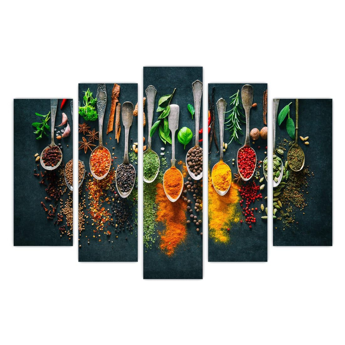 AREDE Set of 5 Wall Art Painting Picture Poster Herbs and Spices on a Black Board (120 x 80 cm) Home Office Wall Decor Living Room Bedroom Decoration Ready To Hang