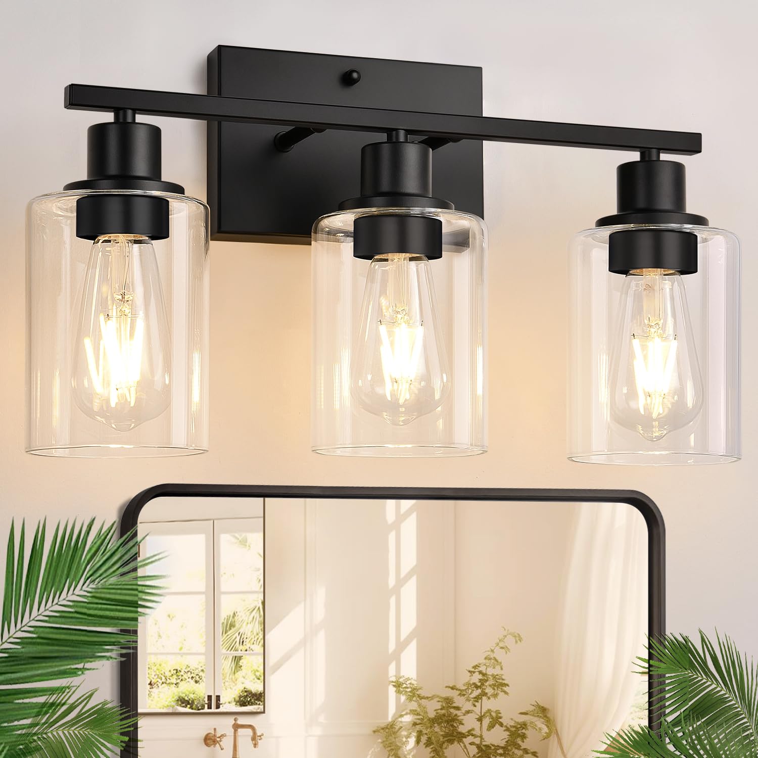 Photo 1 of Indoi 3 Light Bathroom Light Fixtures, Matte Black Modern Vanity Lights with Clear Glass Shade, Bathroom Wall Lamp for Mirror Kitchen Living Room Hallway Cabinet Porch