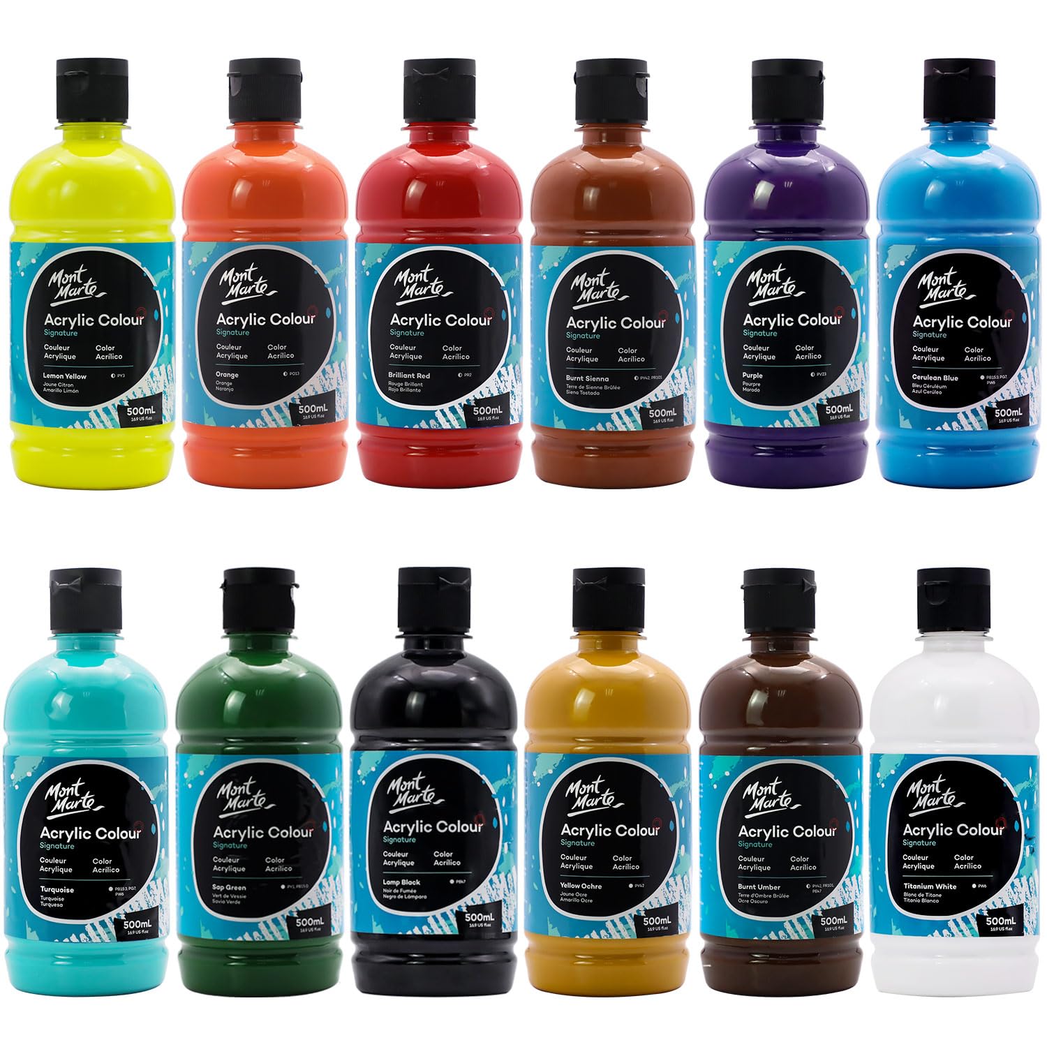 Photo 1 of Mont Marte Signature Acrylic Color Paint Set, 12 x 16.9oz (500ml), Semi-Matte Finish, 12 Colors, Suitable for Canvas, Wood, Fabric, Leather, Cardboard, Paper, MDF and Crafts