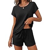 Ekouaer Women 2 Piece Pajamas Set Short Sleeve Comfy Lounge Set Round Neck Tops and Shorts Pjs with Pockets