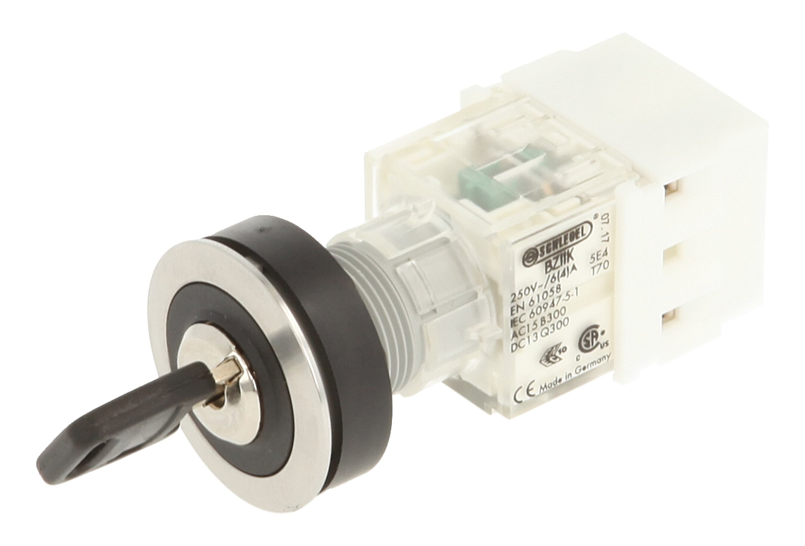 Schlegel 23.001.501 Key Switch, Stainless Steel, Locking, 2 Positions 11-13 o'clock, Push Contact Sensor, 2 N/O Contacts, Screw Connection