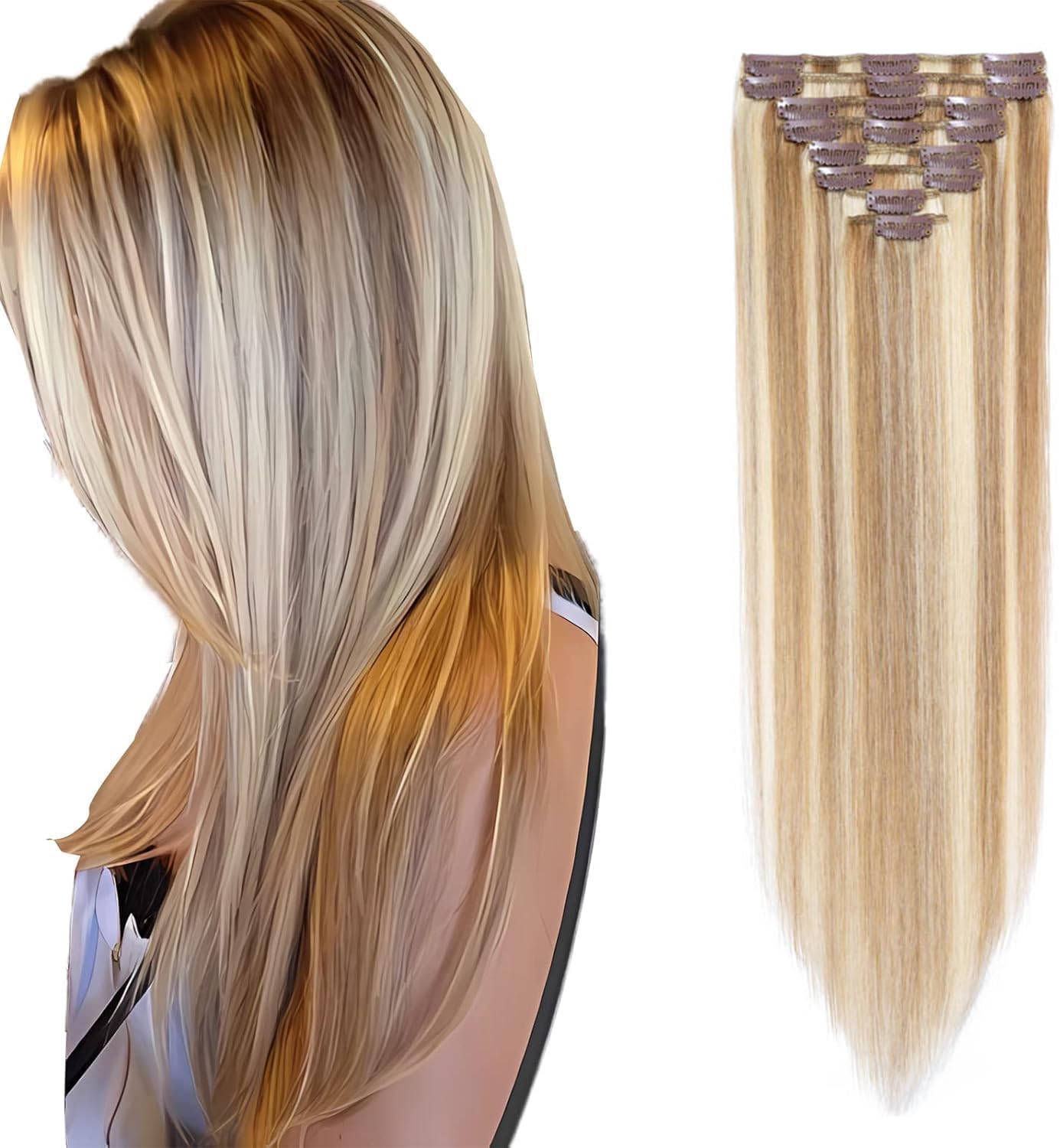 Clip in Hair Extensions Real Human Hair Straight Remy Hair Extensions Clip in Blonde 8pcs Seamless Real Hair Thin 12 Inch 55g #12/613 Golden Brown mix Bleach Blonde