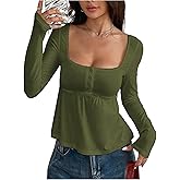 SOLY HUX Women's Babydoll Tops Long Sleeve Henley Shirts Cute Square Neck Coquette Peplum Top