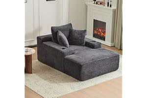 ETCZOYE 66" Oversized Chaise Lounge Sofa Chair Indoor, Modern Corduroy Single Sleeper Couch Chair with 3 Soft Pillows＆Cup Holder, Boneless Cloud Couch Single Seat Sofa Bed for Living Room Office (Dark Grey)