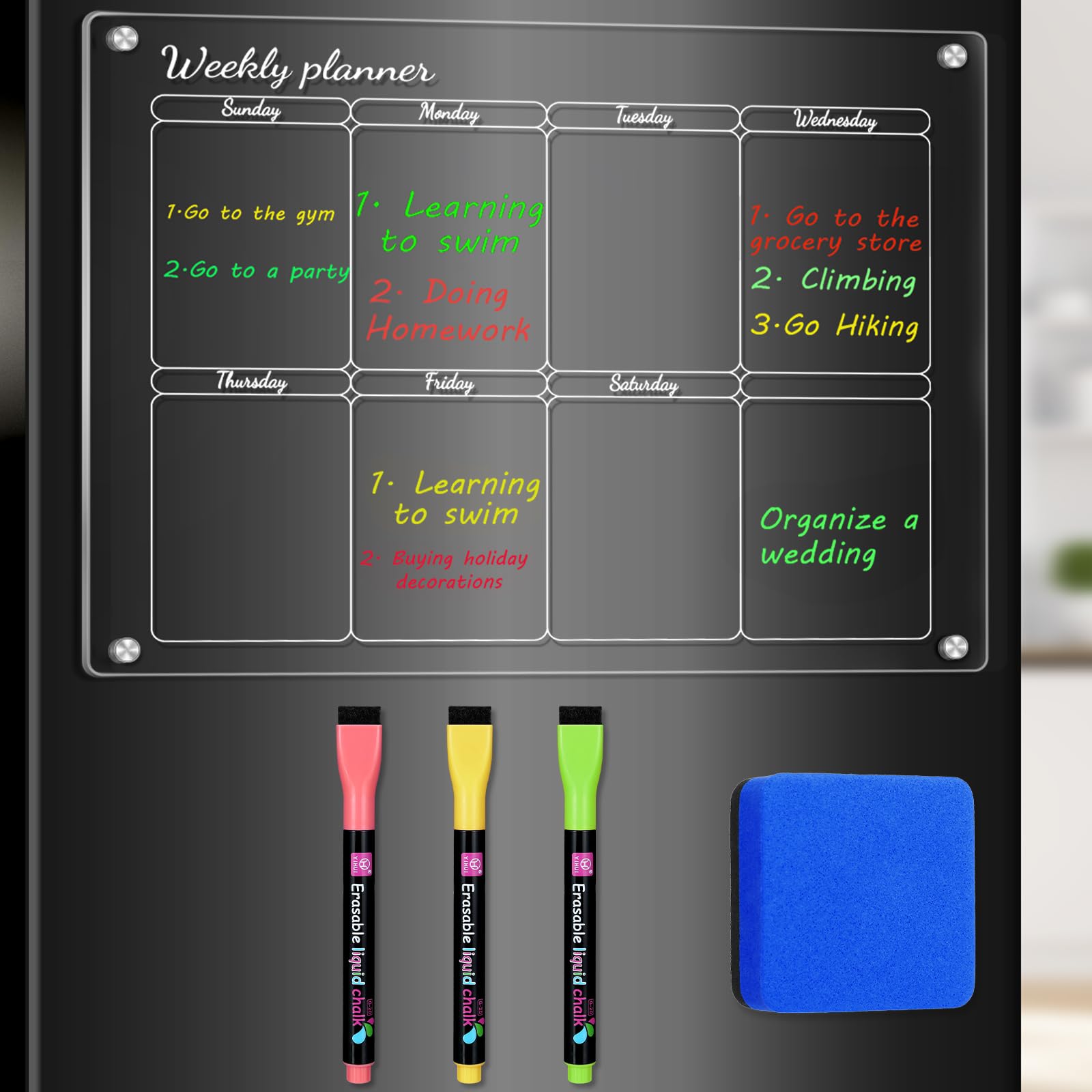 Photo 1 of Cosyway Weekly Magnetic Acrylic Calendar for Fridge, 16"x12" Meal Planner for Fridge Magnet Calendar Includes 3 Markers and Magnetic Eraser Dry Erase Calendar for Fridge Clear Acrylic Calendar