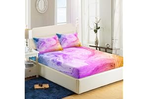AILONEN Tie Dye Fitted Sheet Full Size,Teen Girl Bed Sheet Set Colorful Marble Bedding Set for Kids Girls,1 Fitted Sheet and 2 Pillow Case,3 Piece