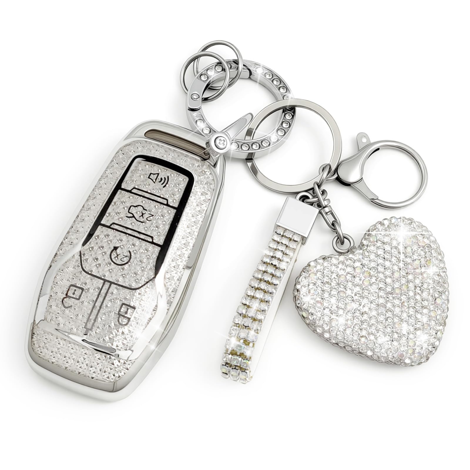 Photo 1 of Nomiyo Key Fob Cover with Diamond, Compatible with Ford Edge Explorer Fusion Mustang F150 F250 F350 Lincoln MKC MKX MKZ, Sparkling TPU Key Case and Elegant Heart Decoration for Women (Silver)