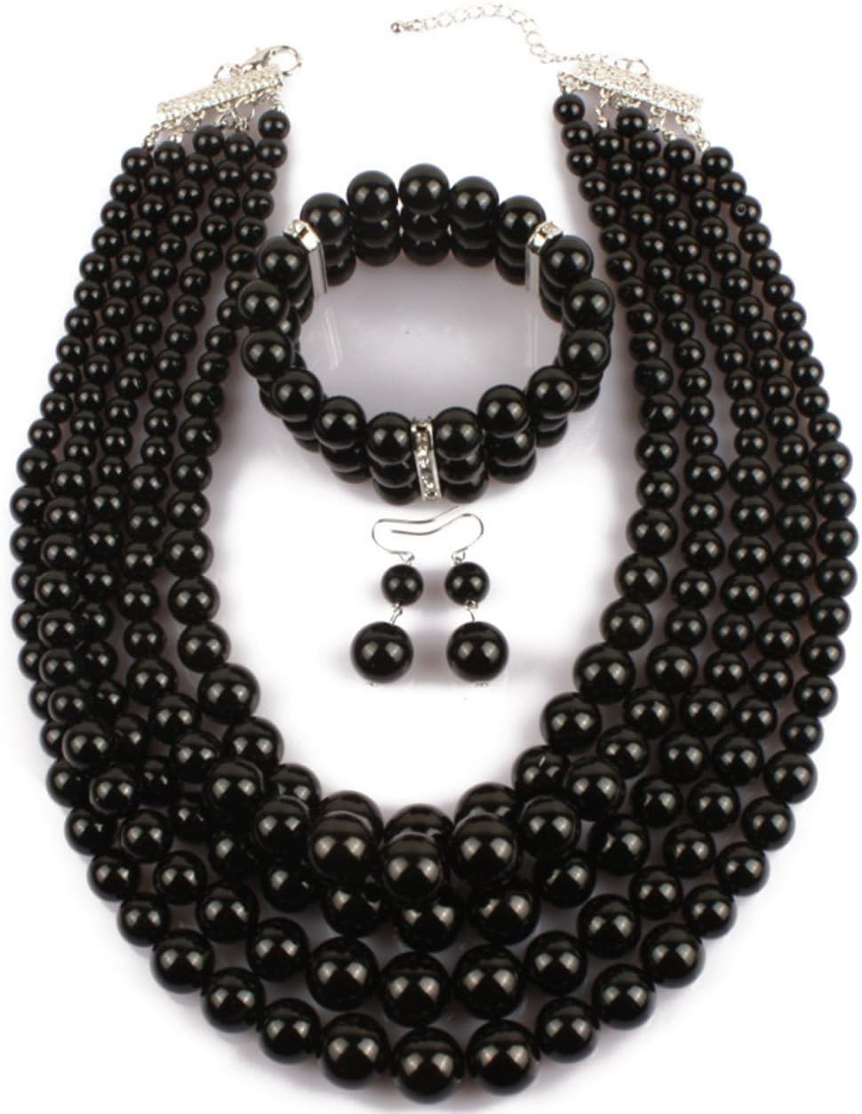 Elegant Multilayers Simulated Pearl Strand Cluster Collar Bib Choker Costume Jewelry Sets (Black)