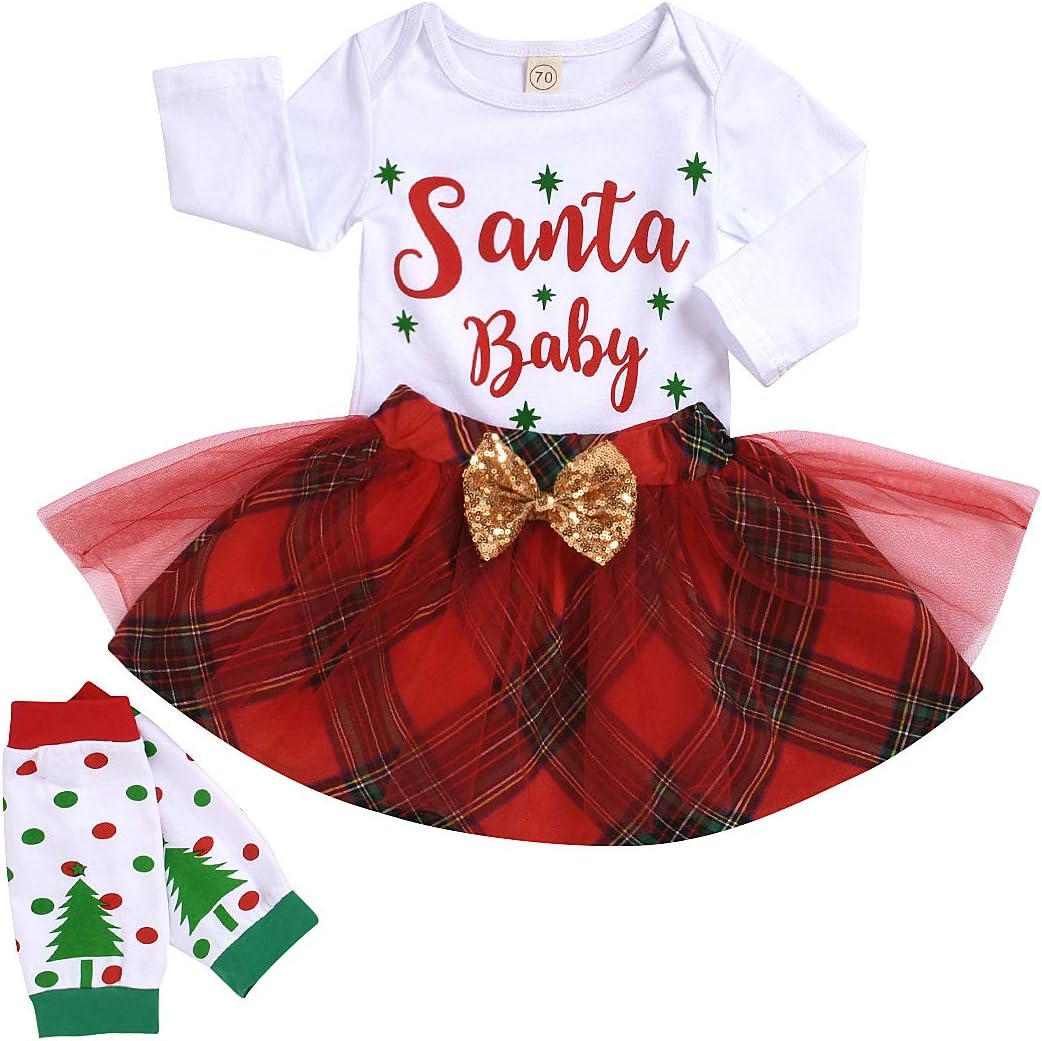 3PCs Christmas Clothes Toddler Infant Baby Girl Santa Romper Bodysuit Top + Newborn Plaid Tutu Skirt Xmas Outfits Set