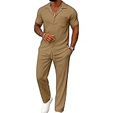 UOUA Mens Summer 2 Piece Set Casual Outfits Button Short Sleeve Shirt & Loose Pants Textured Striped Tracksuit Walking Suits
