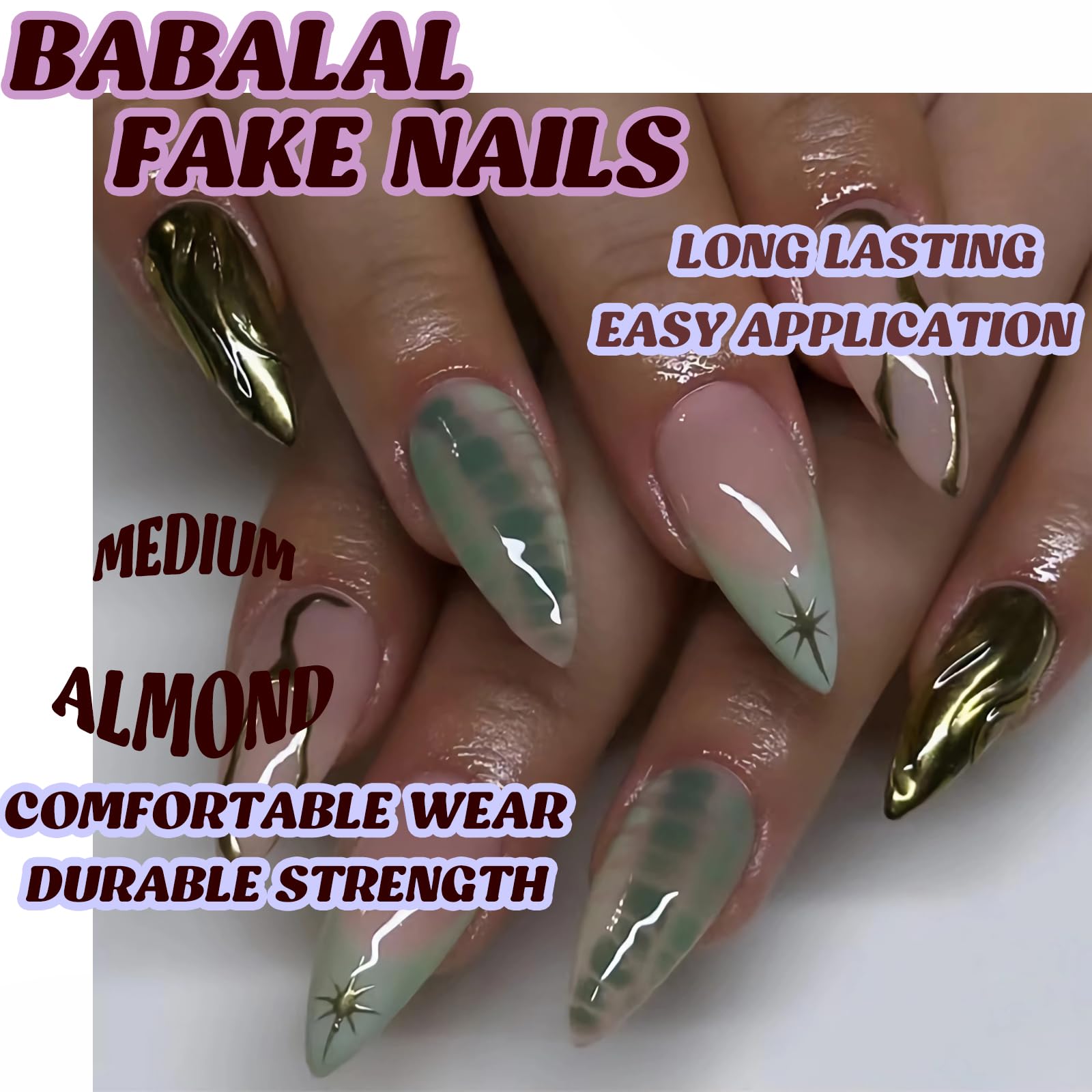 BABALAL Press on Nails Almond Medium Fake Nails Green Ombre French Glue on Nails Chrome Design Y2k Acrylic nails 24pcs Stiletto Stick on nails Maniure Full Cover Artificial Nails - Image 5