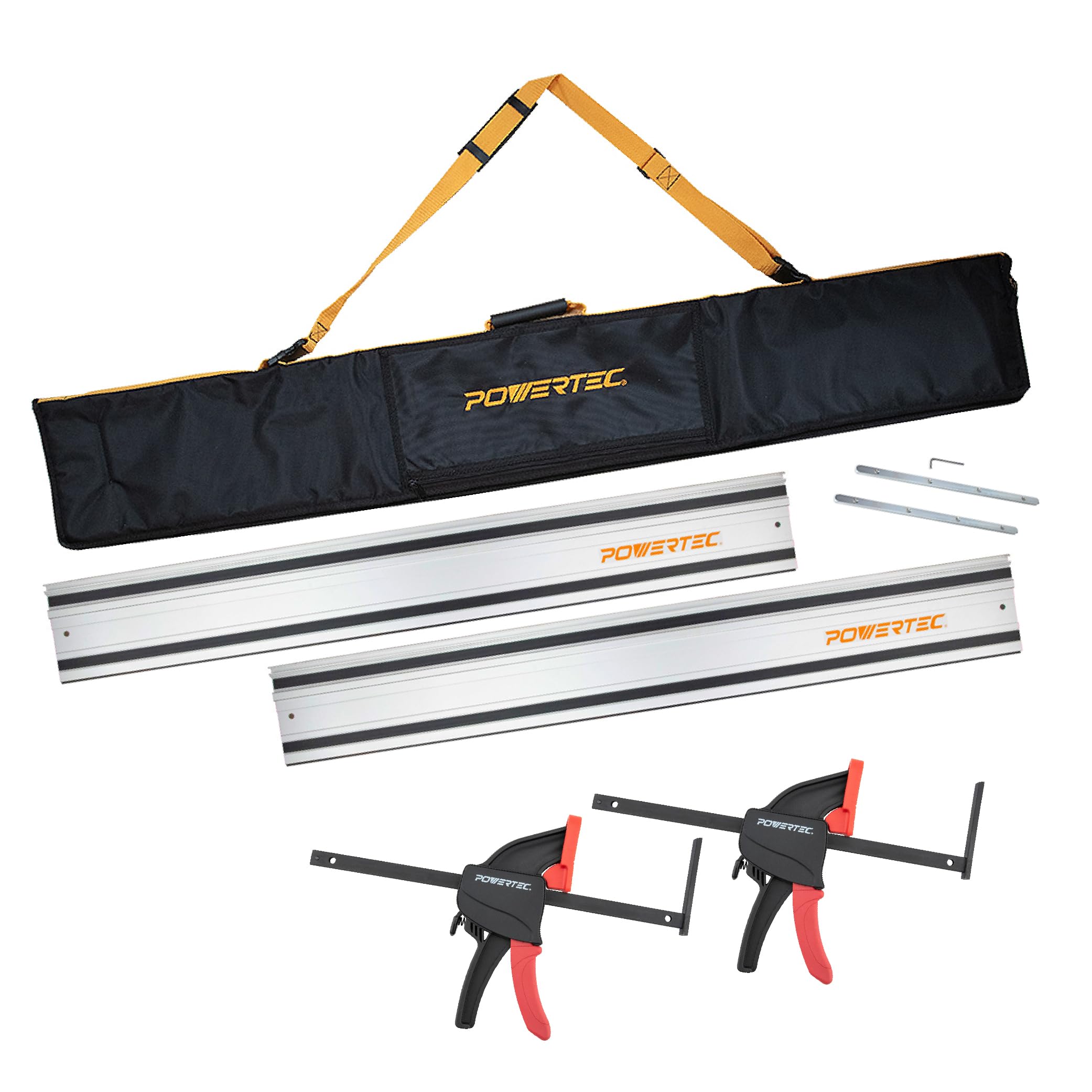 Photo 1 of POWERTEC 110" Track Saw Guide Rail Kit for Makita and Festool, Includes 2PK 55" Guide Rails, Protective Guide Rail Bag, 2PK Guide Rail Connectors, and 2PK Track Saw Clamps (71885)