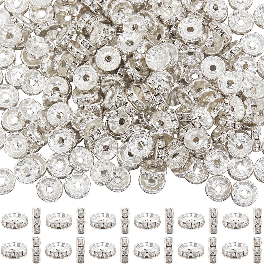 SOFPLATE 1 Box 300Pcs Brass Rhinestone Spacer Beads 10mm Crystal Bead Spacers Bulk Silver Clear Loose Charms Czech Diamond Round Metal Rondelle Spacer Beads for jewellery Making Bracelets Earrings