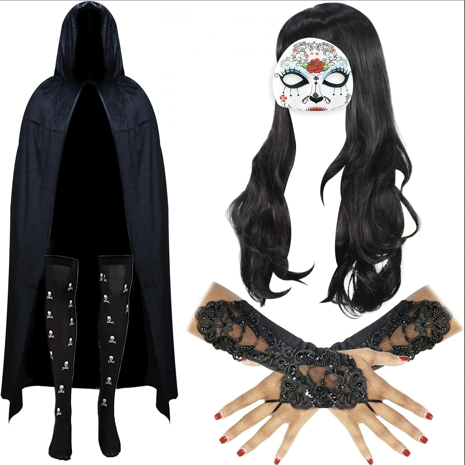 Ladies/Womens/Girls Halloween Goth Bride/Steampunk/Day of The Dead Skull Costume: Hooded Cape, Black Wig, Sugar Skull Mask, Long Finger Loop Gloves, Skeleton Tights or Stockings