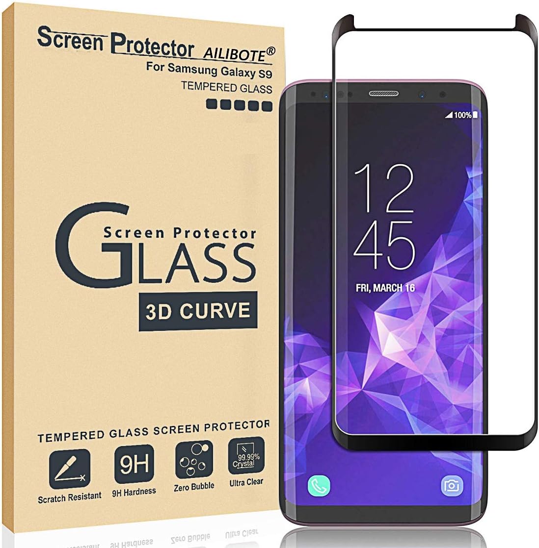 AILIBOTE Glass Screen Protector for Samsung Galaxy S9,[2 Pack] 3D Curved Tempered Glass, Dot Matrix with Easy Installation Tray, Case Friendly(Black)