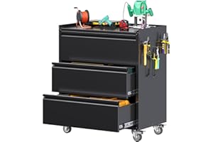 SUXXAN Metal Storage Cabinet with 3 Drawer and 4 Hooks,35.4" H Top Workbench Mobile Tool Chests Garage Cabinets with 4 Wheels,Tool Cabinets for Home,Office,Shop