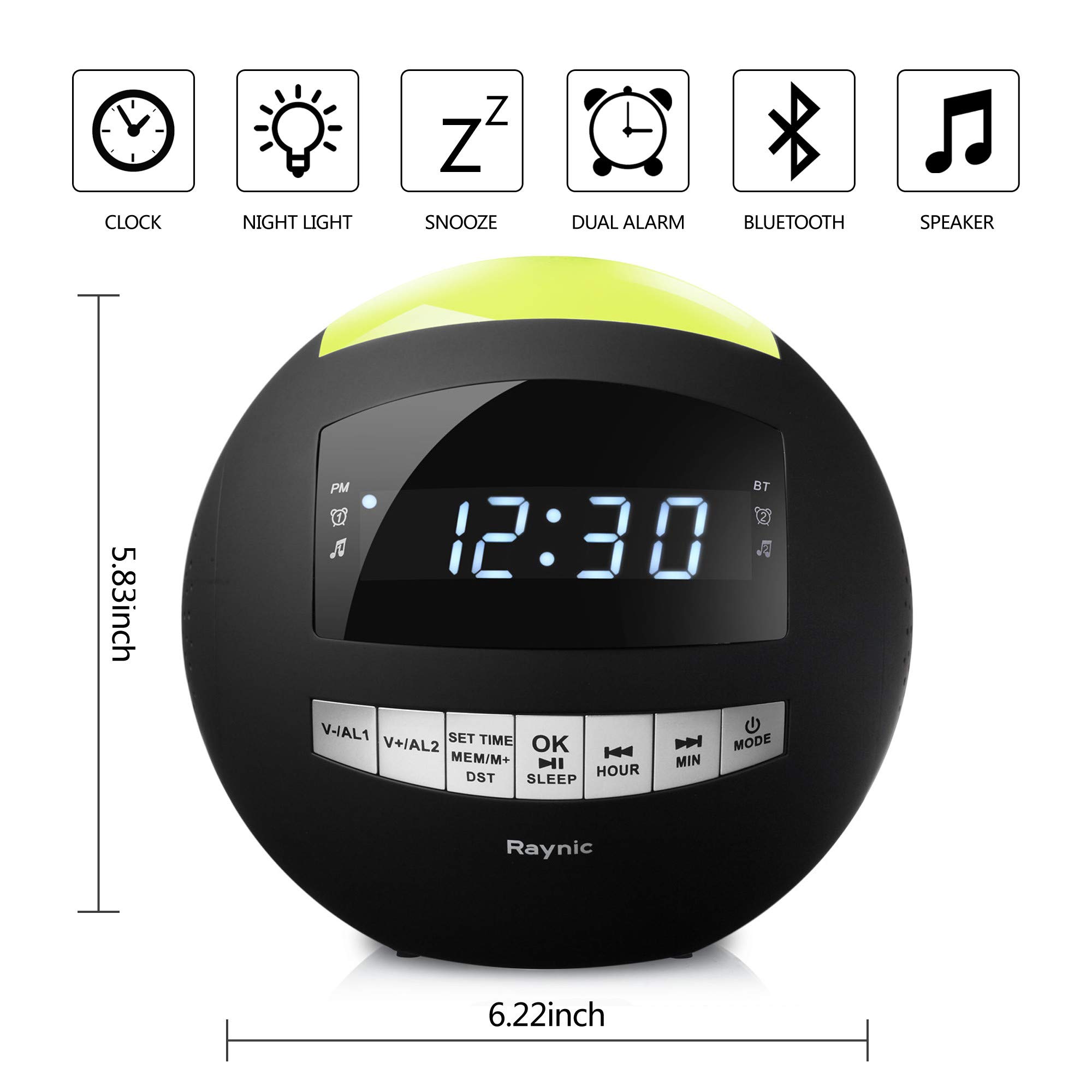 Digital LED Alarm Clock Radio - Raynic AM/FM Radio, 7-Color Night Light with Dimmer, Dual Loud Alarms with Snooze, Bluetooth Speaker, for Kids, Heavy Sleeper, Bedrooms