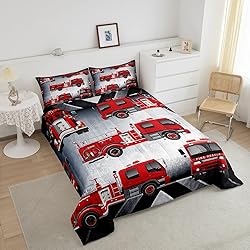 Manfei Fire Truck Comforter Set Full Size Red Fire