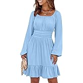 ANRABESS Womens Dress Long Lantern Sleeve Square Neck Elastic Waist Ruffle Flowy Swing A-Line Short Dresses 2025 Fall Fashion