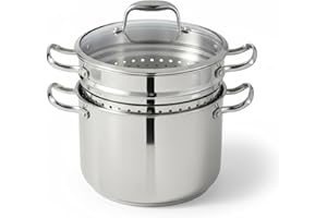 Lagostina Ambiente 3-Piece Stainless Steel Pasta Pot Set, 24 cm / 7.5 L, Includes Pot with Strainer Insert and Glass Lid, Ind