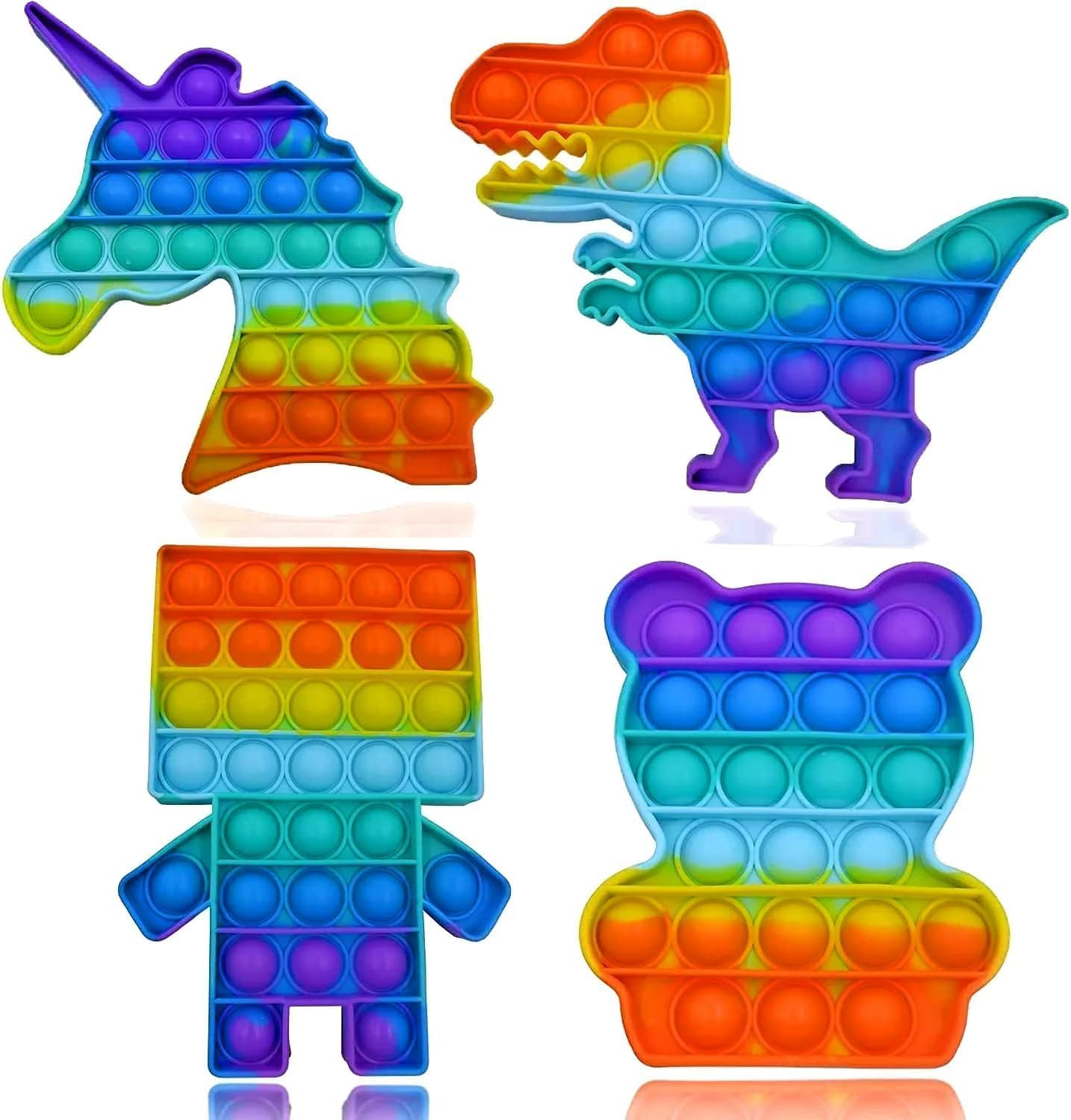 Fidget Toys Unicorn, Robot, Dinosaur ,Bear 4pc Multipack Set Squeeze Sensory Pop Bubble Toys For Kids ,Teens & Adults Autism & Special Needs Stress Reliever Push Pop Rainbow Poppet Toys — image 1
