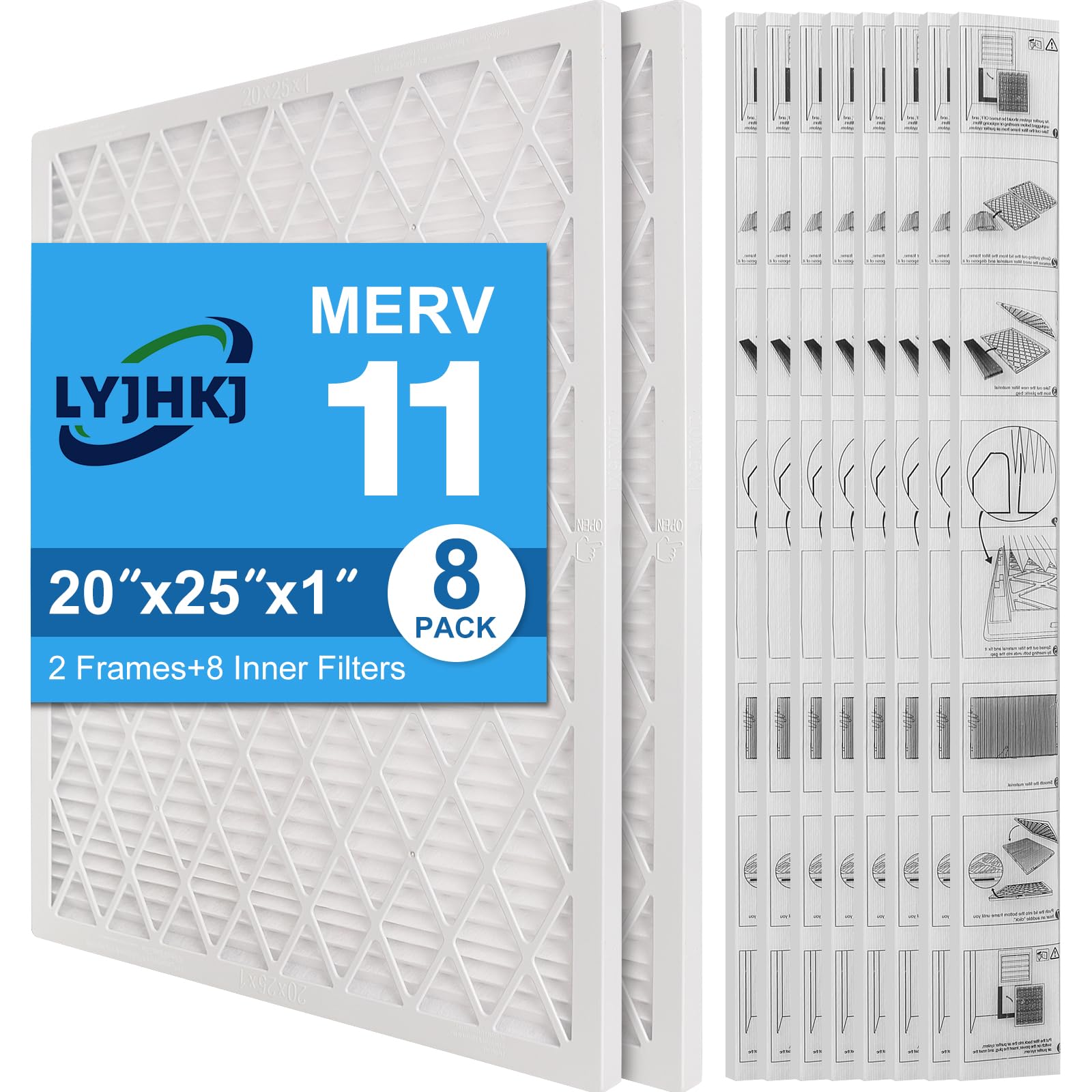 Photo 1 of 20x25x1 MERV 11 Air Filter, Quality AC/HVAC Furnace Filter?2 Reusable ABS Frame + 8 Pack Replaceable Filter Media?Breathe Fresher and Cost-effective