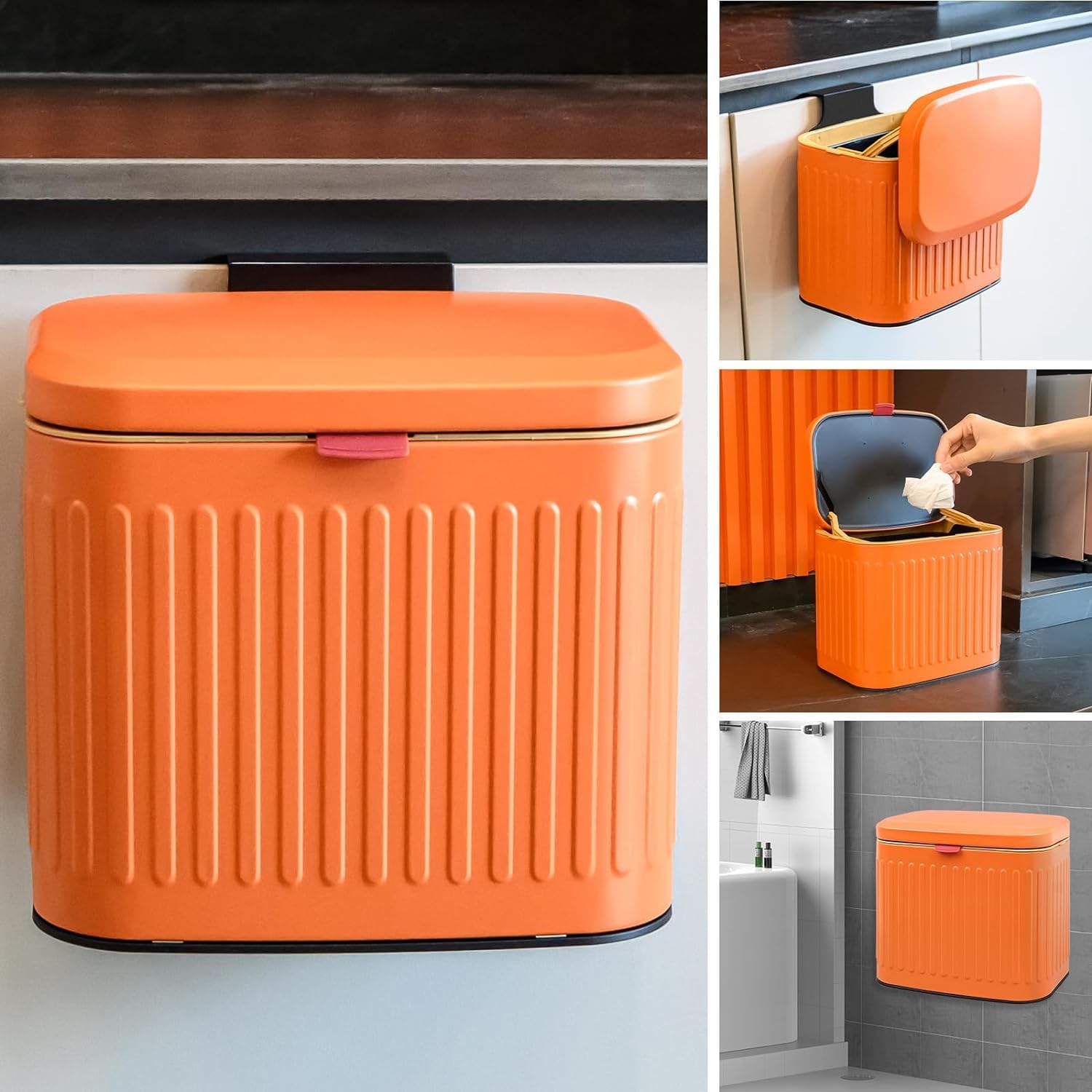 TESIN Mini Hanging Kitchen Compost Bin 4 L/1.05 Gallon, Small Trash Can with Detachable Inner Bucket for Cupboard Countertop Bathroom Camping Office Camping (Orange-4 Liter)