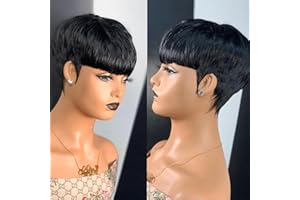 QiaQiaRing Pixie Cut Wig Human Hair Wigs For Black Women Short Layered Pixie Cut Wigs Full Machine Made Wigs Brazilian Virgin Human Hair Wigs For Women Glueless Wigs Natural Black Color