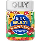 OLLY Kids Multivitamin Gummy Worms, Overall Health and Immune Support, Vitamins and Minerals A, C, D, E, Bs and Zinc, Kids Chewable Supplement, Sour Fruit Punch, 45 Day Supply - 100 Count