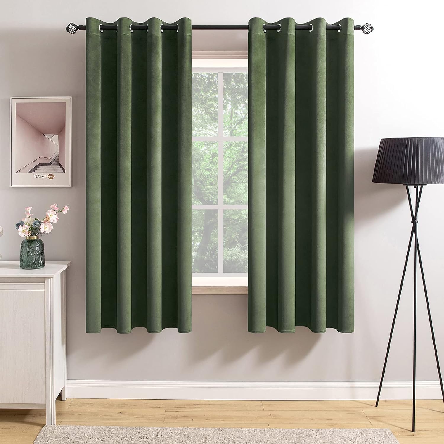 MIULEE Olive Green Velvet Curtains for Bedroom 2 Panel Set 54 Inch Drop Curtains, Soft Elegent Home Decor Velvet Curtain Living Room, Sun Blocking Room Darkening Thermal Eyelet Curtain 46x54 Inch