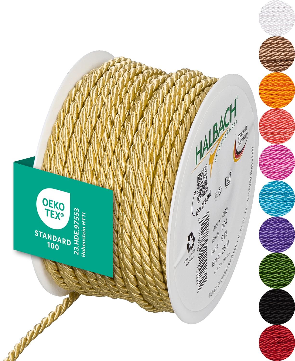 Halbach Seidenbänder Premium Cord (Honey Yellow), Width 4 mm, Length 25 m, Made in Germany and Oeko-Tex Certified, Shiny Satin Cord Made of Acetate