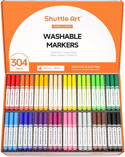 Shuttle Art 304 16 Colour Washable Broad Tip Felt Pens Kids Classroom Pack