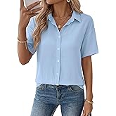 Rapbin Womens Short Sleeve Button Down Shirts Casual V Neck Collared Blouses Work Tops