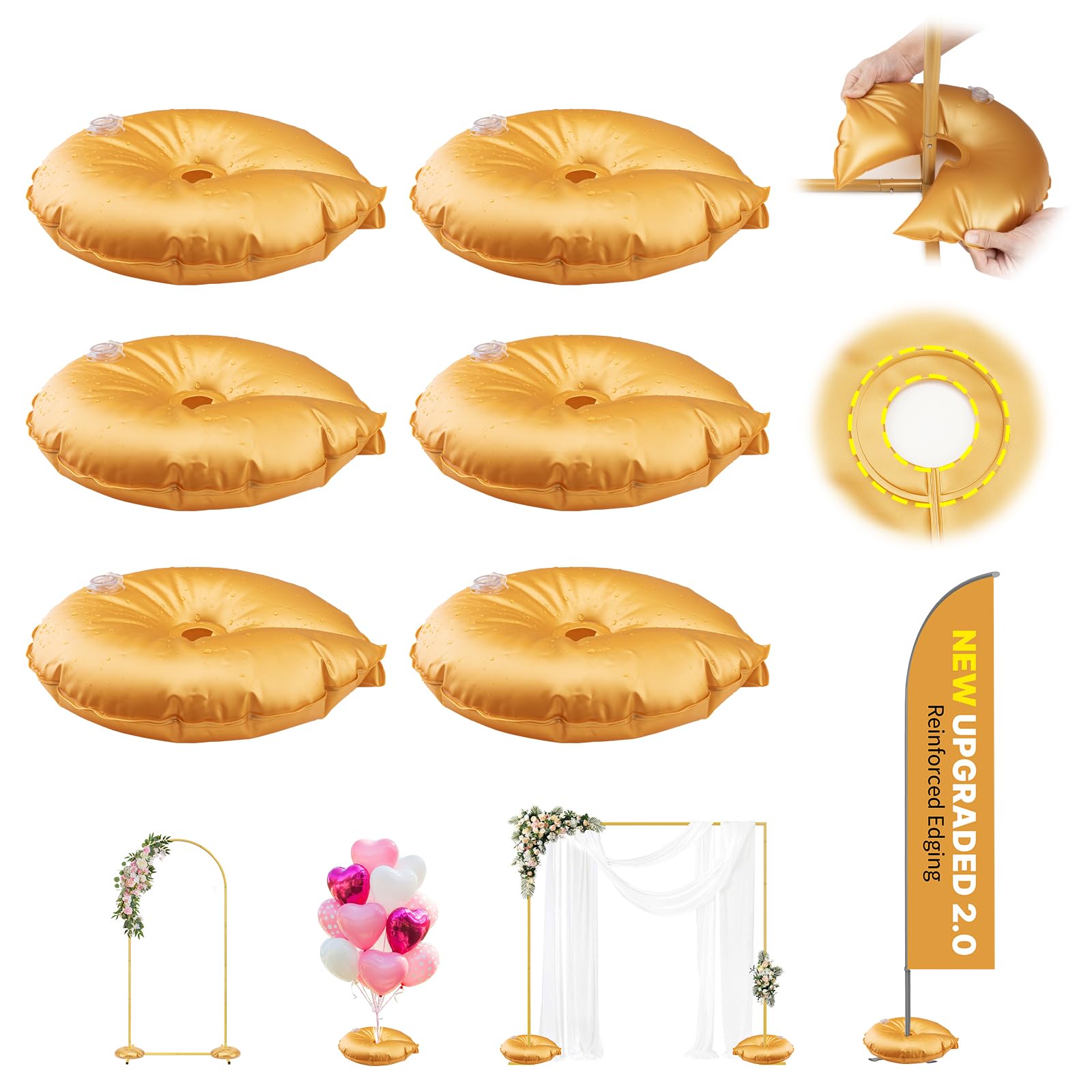 Photo 1 of 2 Pcs Golden Water Bag Weights for Backdrop Stand, Upgraded 5-Layer Thickened 50kg Pressure-Tested Openable Water Fillable Base for Metal Arch Frame Base, Perfect for Wedding Birthday Party Decor