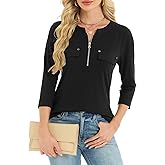 Mcnlyce Women's 3/4 Length Sleeve Tops Business Casual Shirts V Neck Work Tunic with Zipper