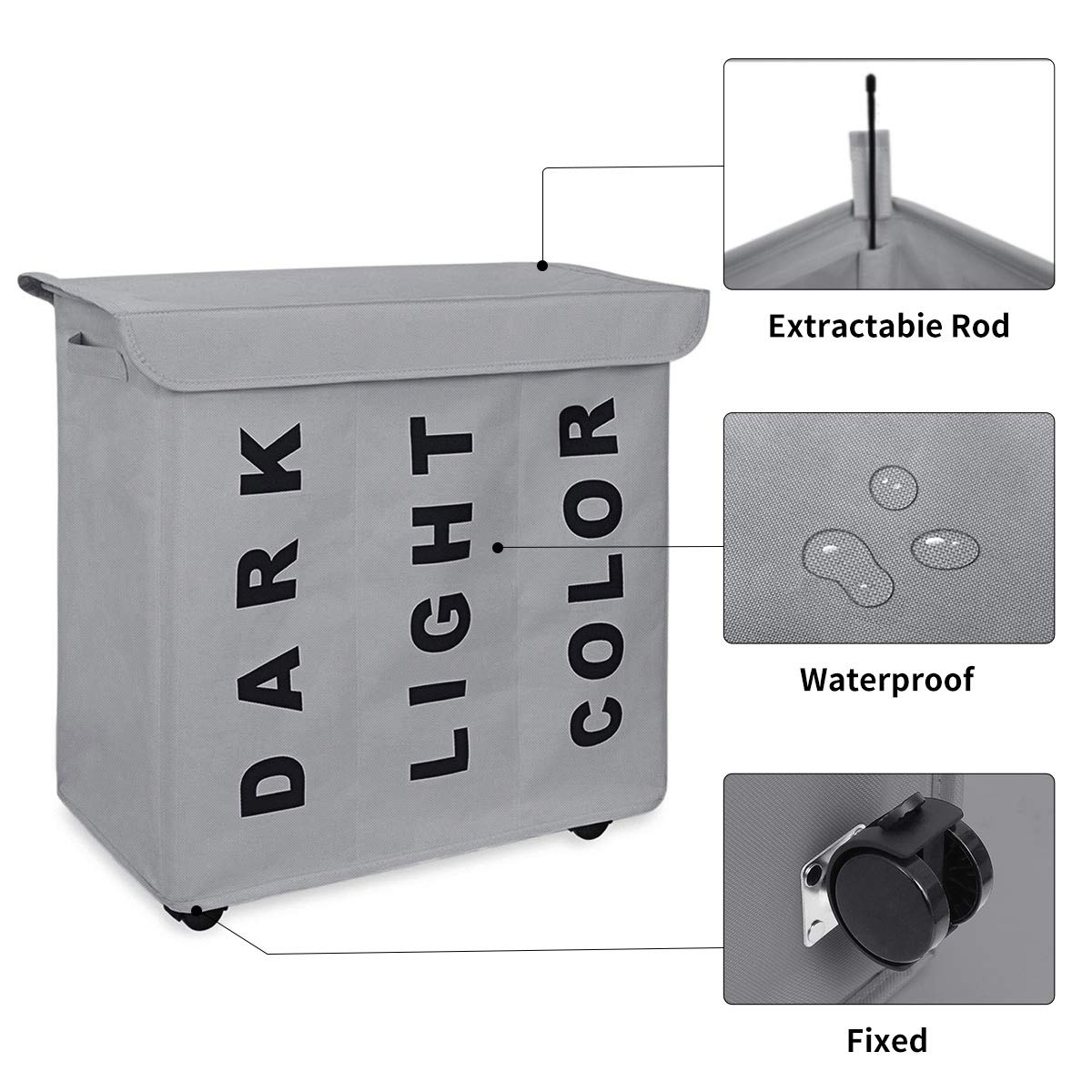 WOWLIVE 3 Section Laundry Hamper Lid Rolling Laundry Basket Wheels Laundry Sorter Removable Dividers Waterproof Durable Dirty Clothes Organizer Storage Bin (Gray)