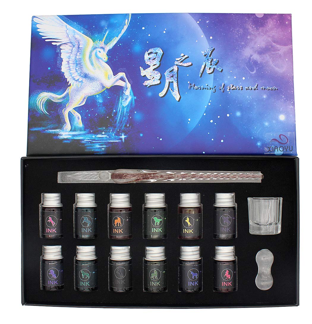 XIAOYU Luminous Glass Dip Pen Ink Set - Crystal Glass Dip Pen with 12 Colorful Inks for Art, Writing, Signatures, Calligraphy - Purple