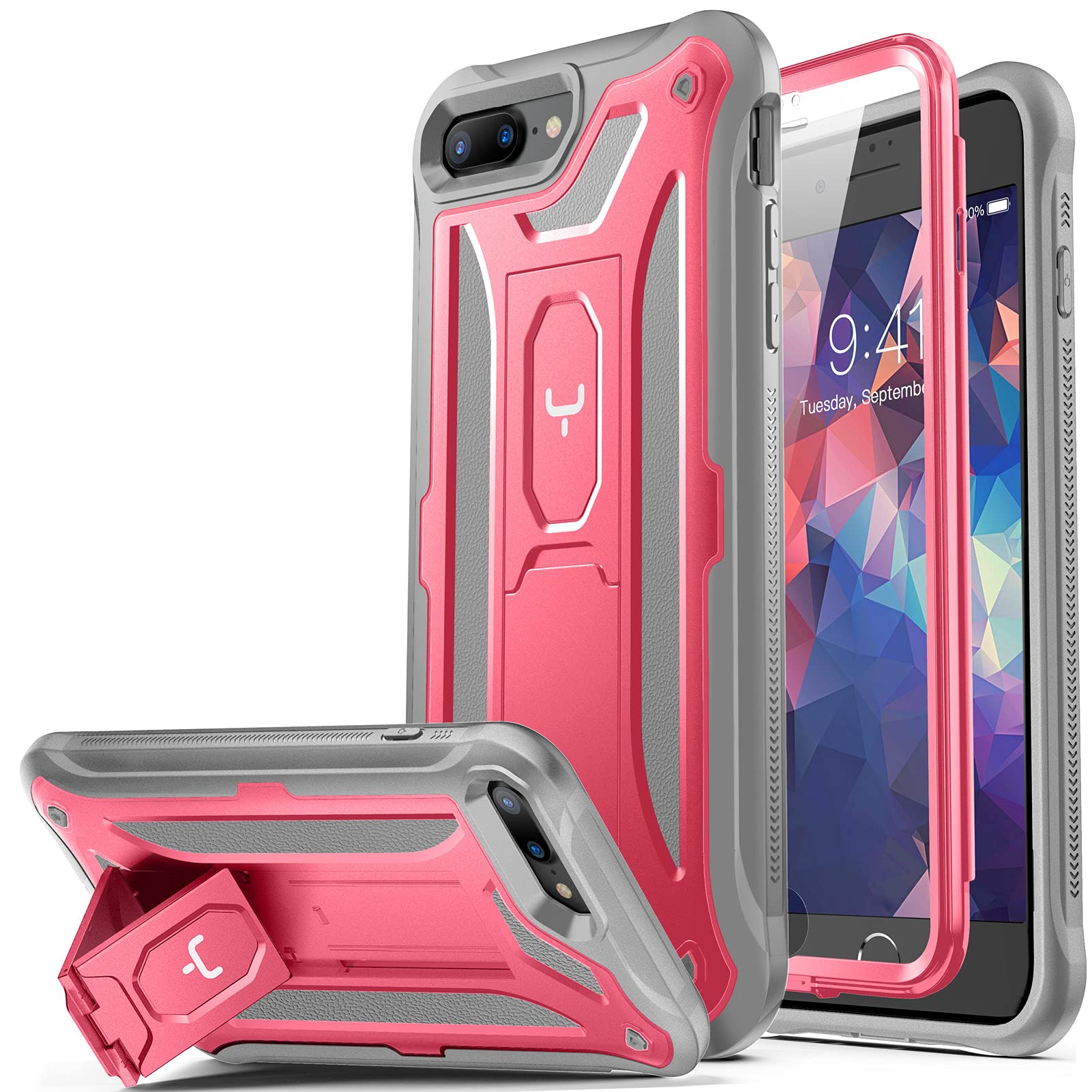 YOUMAKER iPhone 8 Plus Case, iPhone 7 Plus Case, Built-in Screen Protector Kickstand Full Body Heavy Duty Shockproof Cover for iPhone 8 Plus & iPhone 7 Plus 5.5 inch - Pink