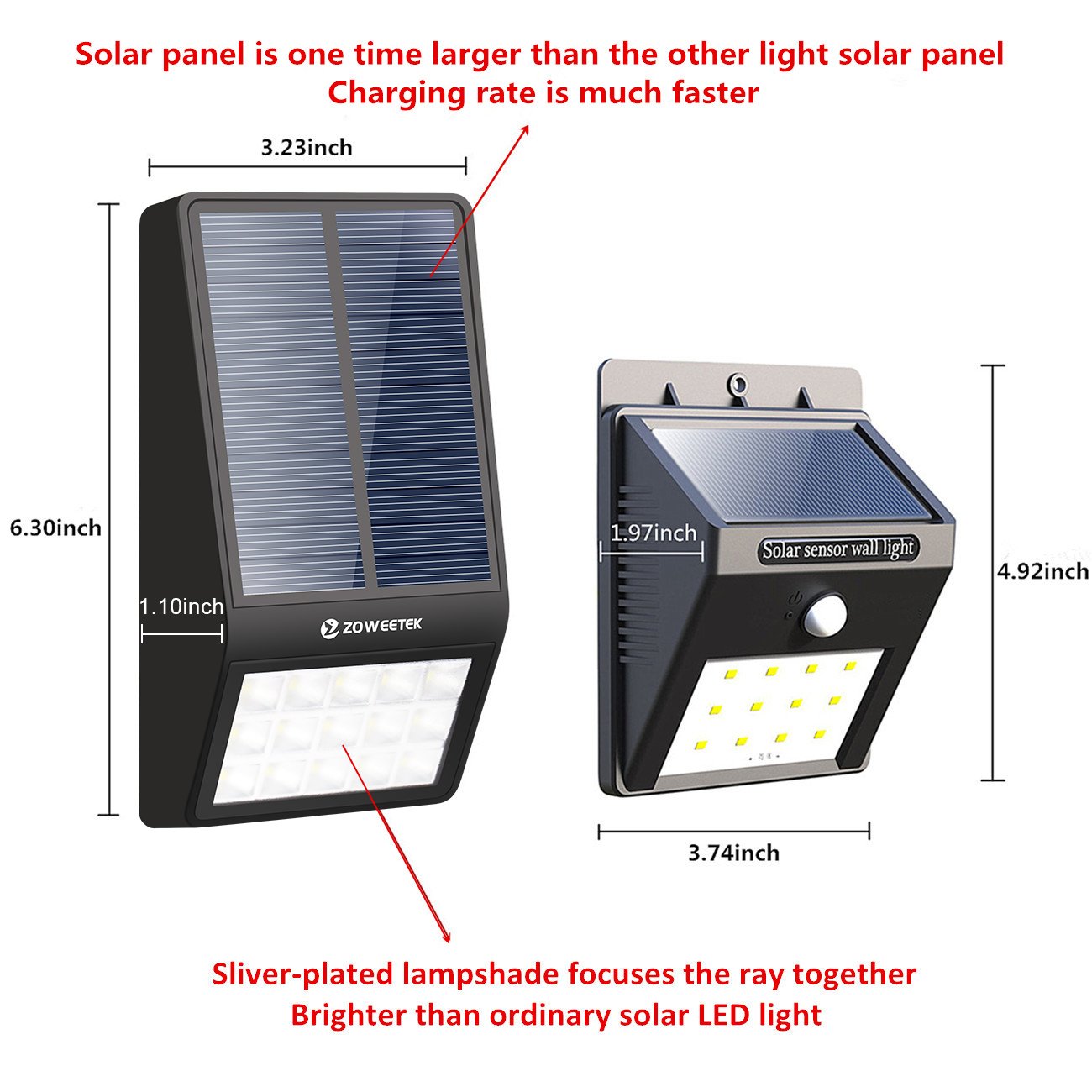 Zoweetek ® Luz de solar 15 LED Impermeable 2000mAh Lámpara con Sensor de Movimiento para jardín casa escaleras o pared [Clase de eficiencia energética A+++]