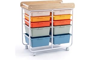 RELAX4LIFE 10-Drawer Rolling Cart with Drawers - Mobile Art Craft Organizer w/Wooden Top, Lockable Wheels, Metal Frame & Hand